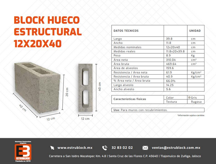 Block Hueco Estructural 12x20x40 R40 